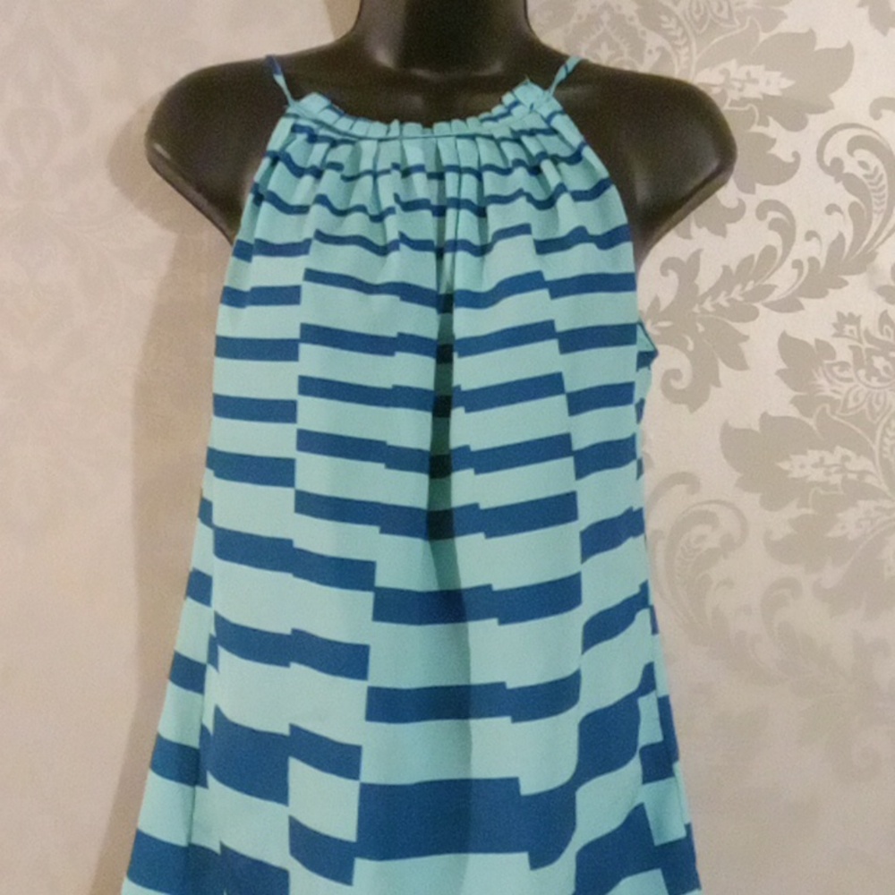 New York & Company Green and Blue Striped Blouse with Ruffled Neckline